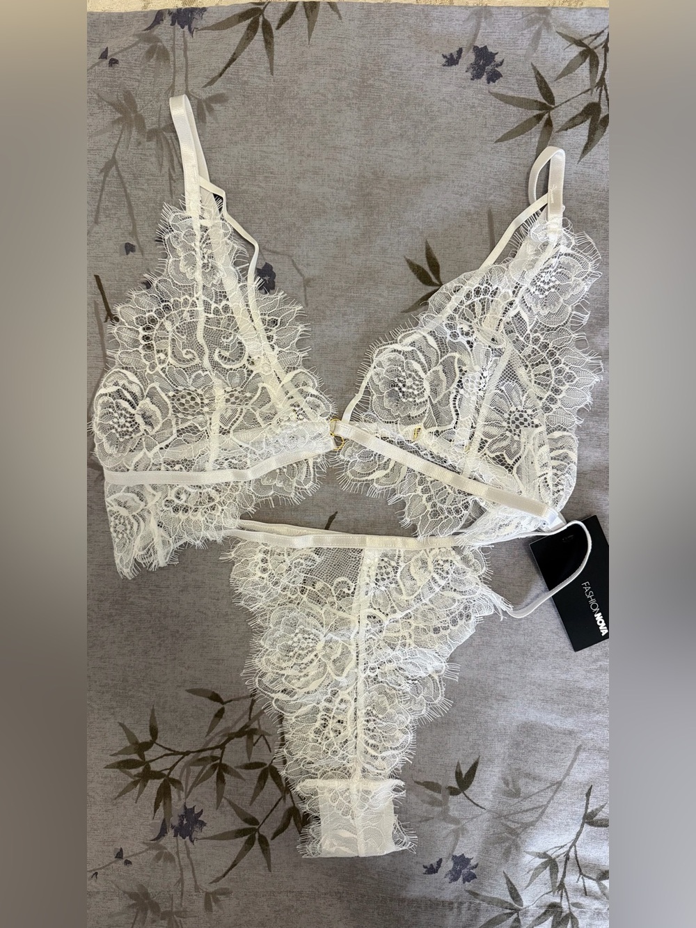 Fashion Nova White Floral Lace Bralette & Thong Set